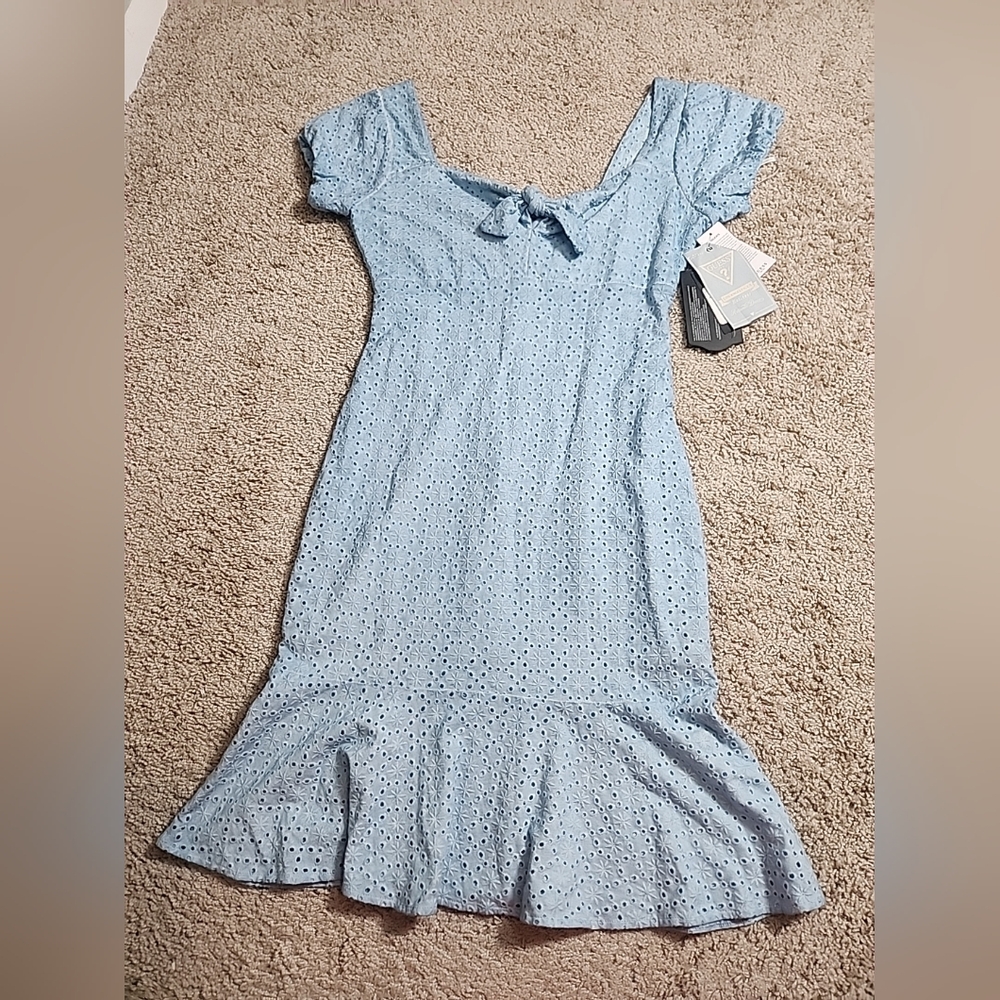$128 Guess Women's Blue Breanna Eyelet Mini Dress Size L - Picture 3 of 11